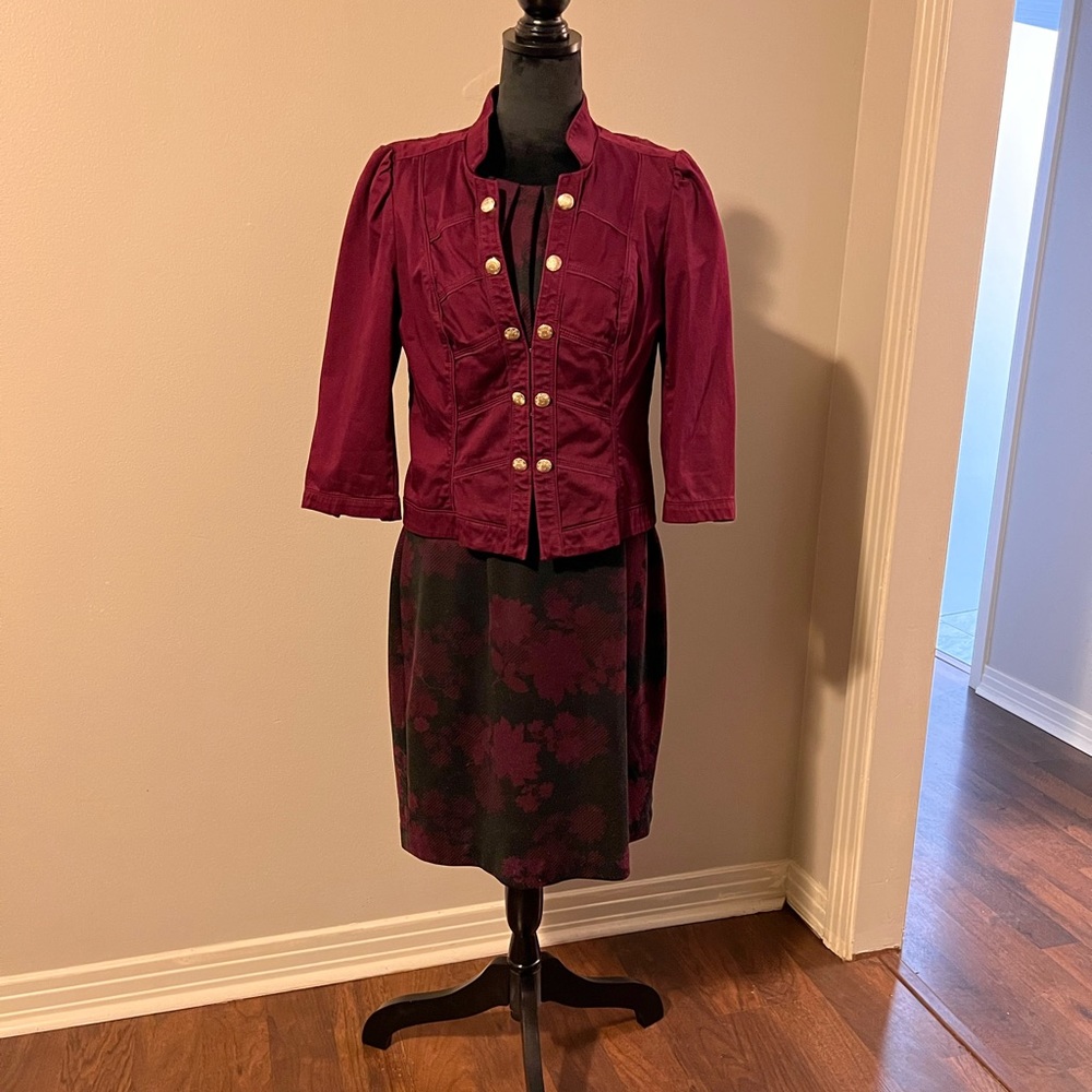 White Market Black Market maroon and black dress and jacket with gold buttons.